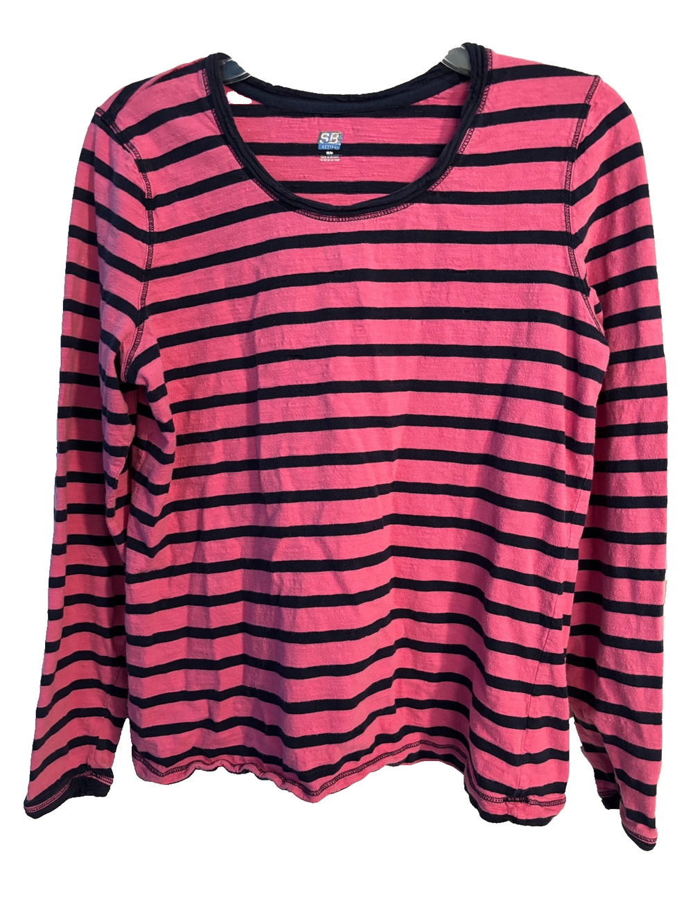SB Active Women's Medium Pink Black Striped Long Sleeve Athletic Top Crewneck M